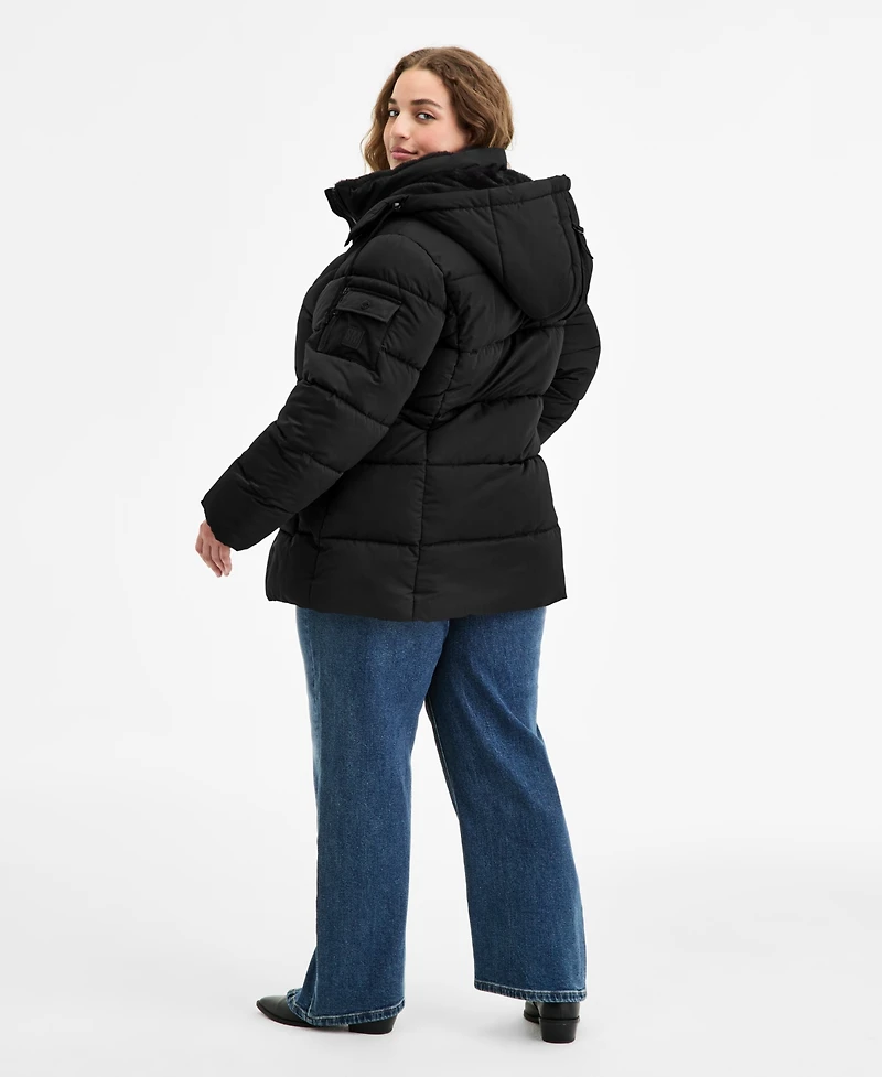 Steve Madden Plus Hooded Utility-Pocket Puffer Coat