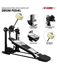 5 Core Bass Drum Pedal Mount Adjustable Felt Beater Head Single Chain Heavyduty Kick Drum Foot Pedal