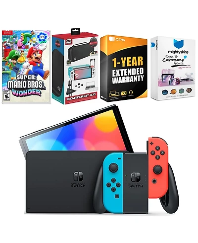 Nintendo Switch Neon Red & Blue Oled Console with Super Mario Bros. Wonder Edition, Surge Accessory Gaming Kit