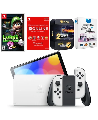 Nintendo Switch White Oled Console with Luigi s Mansion 2 Hd, Nso 12 Month Family Membership, MightySkins Console and Controller Skin Voucher, and 2 Y