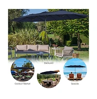 15 Feet Double-Sided Twin Patio Umbrella with Crank and Base