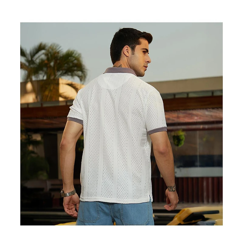 Campus Sutra Men's Chalk White & Pastel Purple Contrast Open-Knit Polo T-Shirt