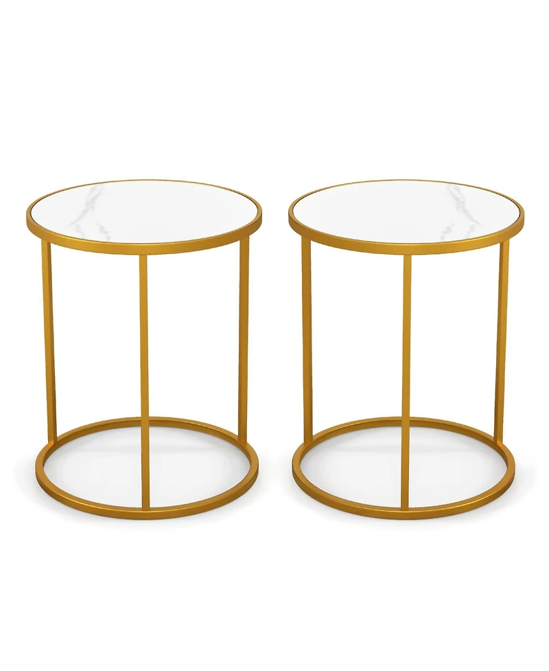 16 Inch Marble Top Round Side Table with Metal Frame for Living Room Bedroom-Set of 2