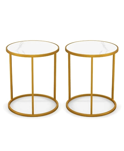 16 Inch Marble Top Round Side Table with Metal Frame for Living Room Bedroom-Set of 2