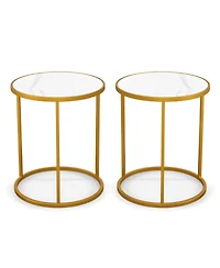 16 Inch Marble Top Round Side Table with Metal Frame for Living Room Bedroom-Set of 2