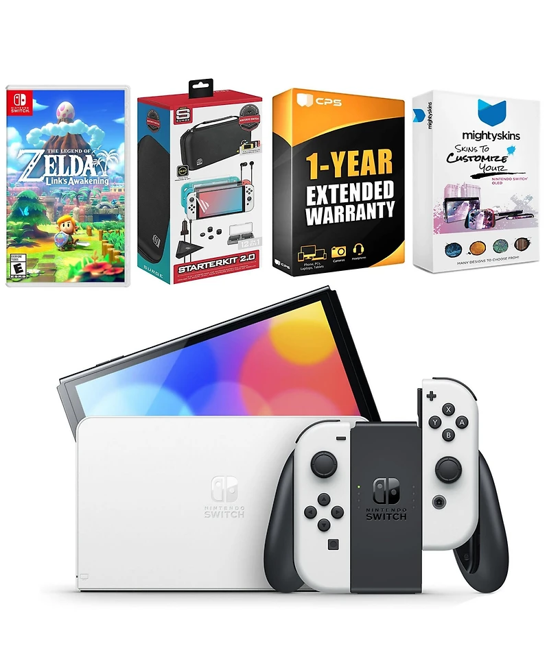 Nintendo Switch White Oled Console with The Legend of Zelda: Link's Awakening, Surge Accessory Gaming Kit