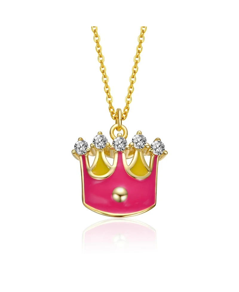 14K Gold Plated with Colored Enamel & Clear Cubic Zirconia Crown Pendant Necklace