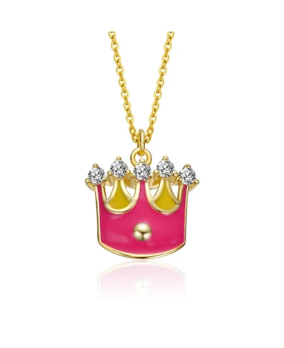 14K Gold Plated with Colored Enamel & Clear Cubic Zirconia Crown Pendant Necklace