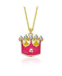 14K Gold Plated with Colored Enamel & Clear Cubic Zirconia Crown Pendant Necklace