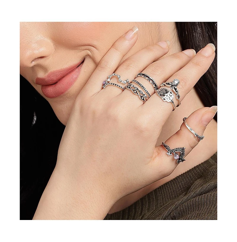 Sohi Oxidised Set Of 10 Multi-Layer Rings