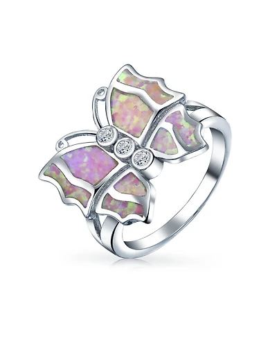 Bling Jewelry Elegant Cz Accent Cubic Zirconia Pink Created Opal Butterfly Ring .925 Sterling Silver