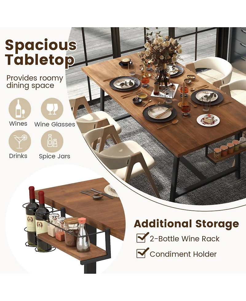 72 Inch Dining Table Rectangular Kitchen Table with 2-Bottle Wine Rack for 5-7