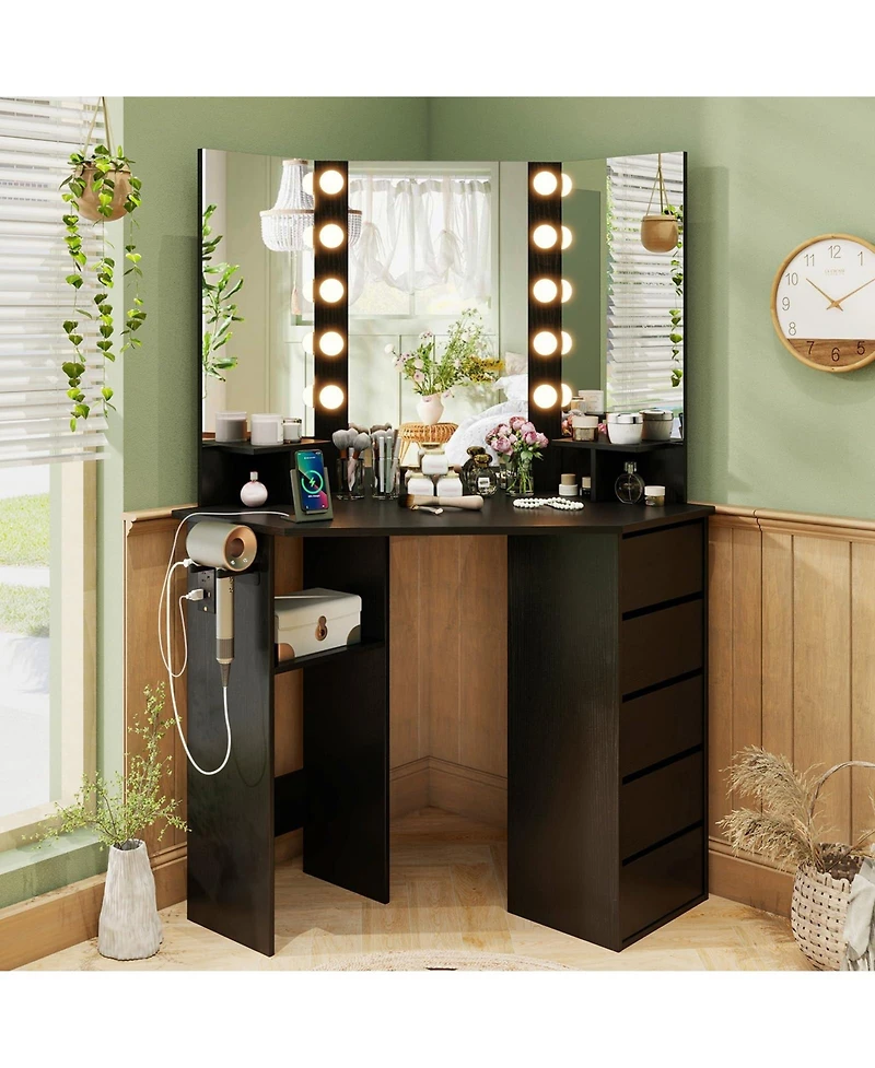 Corner Vanity Desk with 3-Color Led Lighted Mirror and Power Outlet