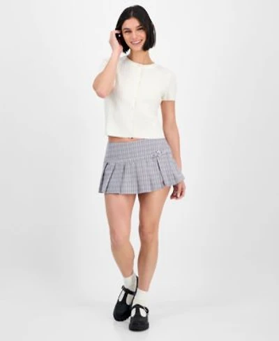 Freshman Juniors Short Sleeve Crewneck Cable Knit Sweater Madden Girl Plaid Pleated Mini Skort