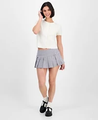 Freshman Juniors Short Sleeve Crewneck Cable Knit Sweater Madden Girl Plaid Pleated Mini Skort