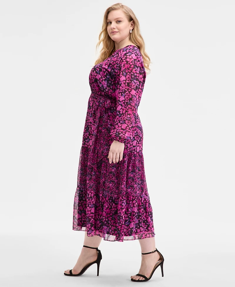 Kasper Plus Printed Blouson-Sleeve Midi Dress