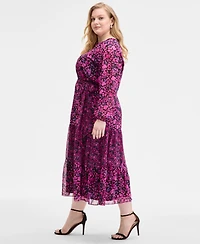 Kasper Plus Printed Blouson-Sleeve Midi Dress
