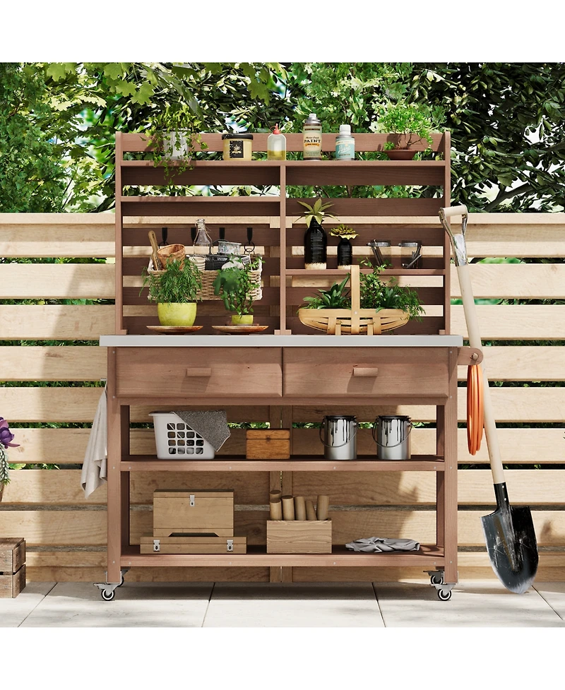 Outdoor Potting Bench with Hutch & Stainless Steel Top