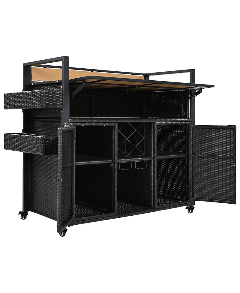 Wicker Grill Cart with Table Top & Storage - Outdoor Kitchen