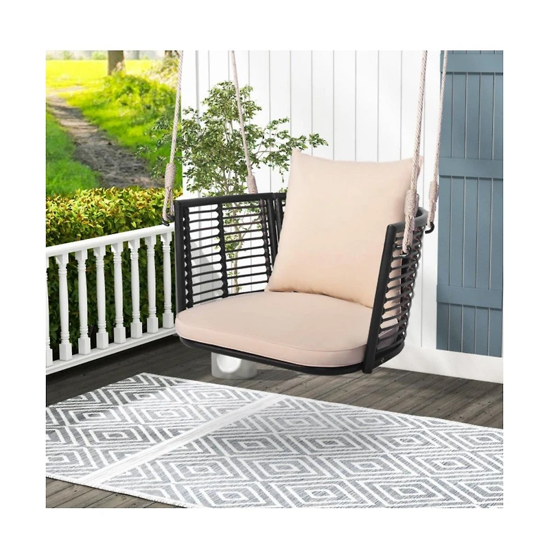 Porch Swing Patio Hanging Rattan Chair with Zippered Cushions and Rope