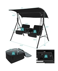Gymax 2-Person Canopy Porch Swing Padded Chair Cooler Bag Rotatable Tray