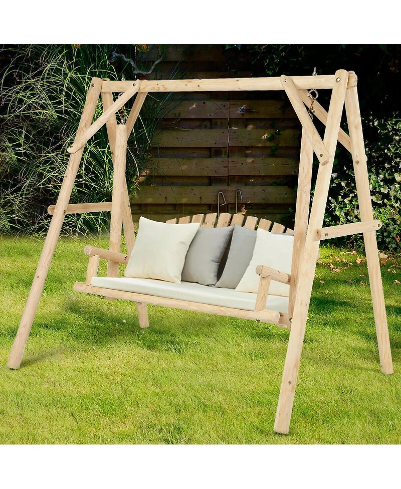 Gymax Wooden Porch Swing Outdoor Patio Rustic Torched Log Curved Back Bench A-Frame