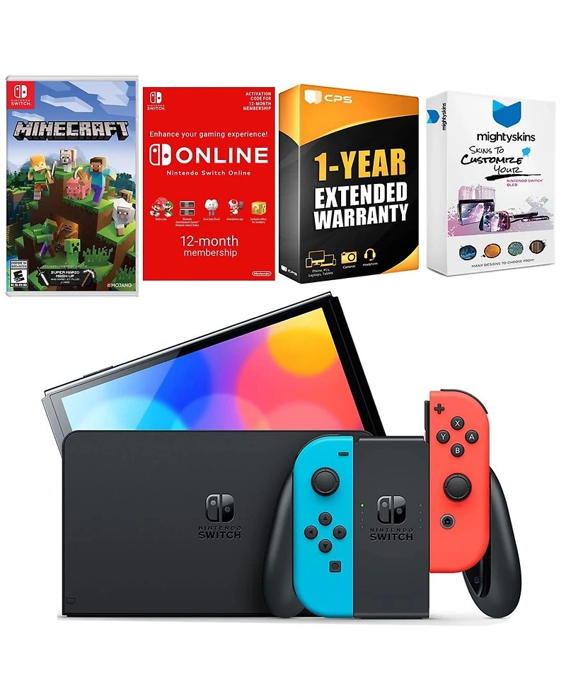 Nintendo Switch Neon Red & Blue Oled Console with Minecraft: Switch Edition, Nso 12 Month Family Membership, MightySkins Console and Controller Skin V