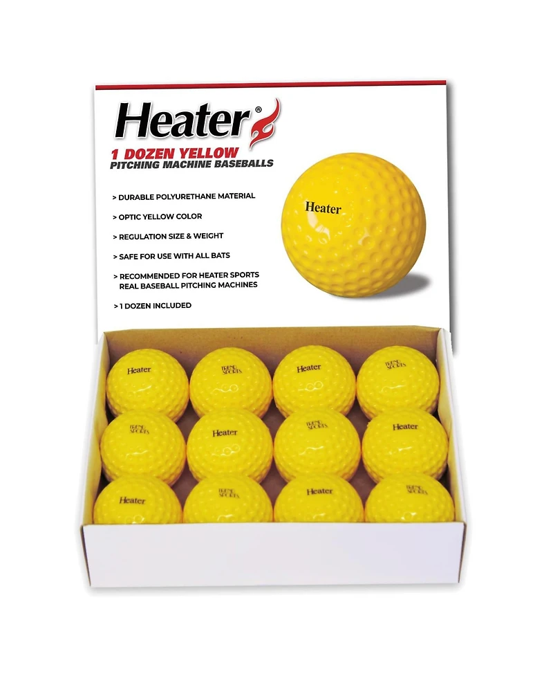 Heater Yellow Dimpled Baseballs, 1 Dozen, Polyurethane Material, Optic Yellow Color, for Use in Real Ball Pitching Machines