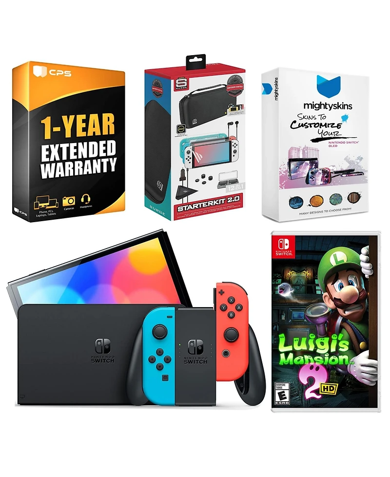 Nintendo Switch Neon Red & Blue Oled Console with Luigi s Mansion 2 Hd, Surge Accessory Gaming Kit, MightySkins Console and Controller Skin Voucher