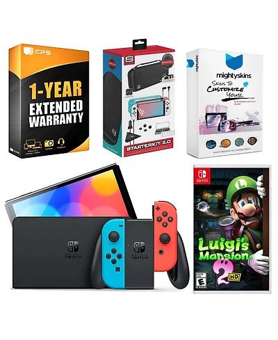 Nintendo Switch Neon Red & Blue Oled Console with Luigi s Mansion 2 Hd, Surge Accessory Gaming Kit, MightySkins Console and Controller Skin Voucher