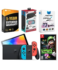 Nintendo Switch Neon Red & Blue Oled Console with Luigi s Mansion 2 Hd, Surge Accessory Gaming Kit, MightySkins Console and Controller Skin Voucher
