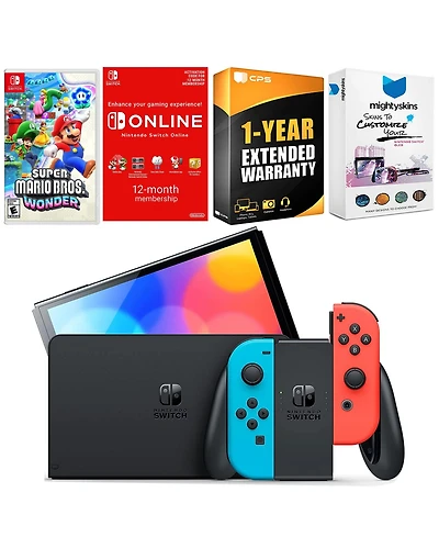 Nintendo Switch Neon Red & Blue Oled Console with Super Mario Bros. Wonder, Nso 12 Month Family Membership