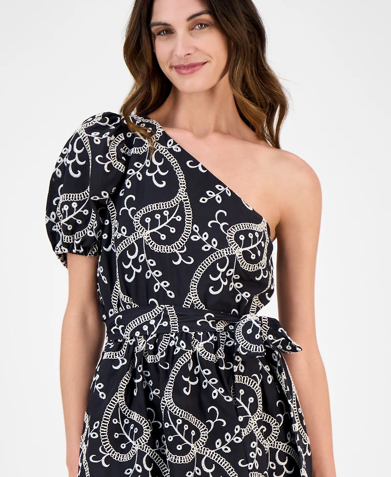 Women's Embroidered Cotton Asymmetric One-Shoulder Fit & Flare Dress