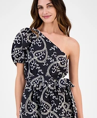 Women's Embroidered Cotton Asymmetric One-Shoulder Fit & Flare Dress