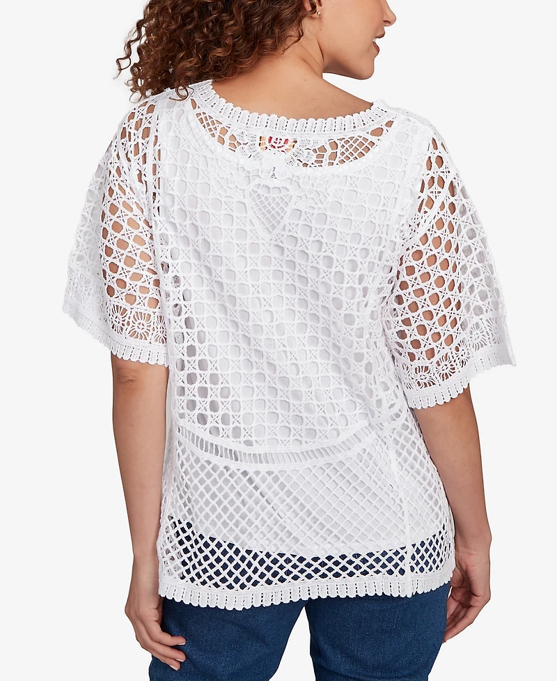 Ruby Rd. Petite Floral Blocked Crochet Sweater