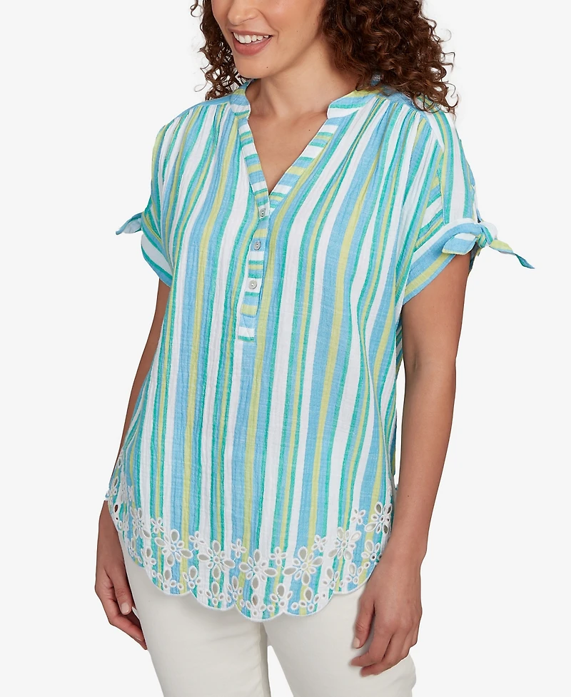 Ruby Rd. Petite Scalloped Stripe Embroidered Tie Sleeve Top