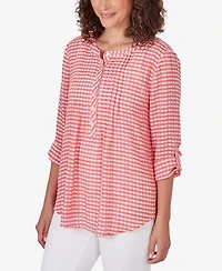 Ruby Rd. Petite Gingham Silky Henley Crew Neck Top