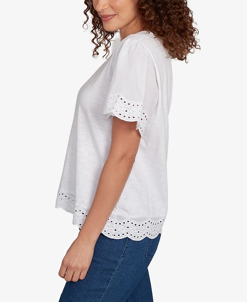 Ruby Rd. Petite Embroidered Sleeve Solid T-Shirt