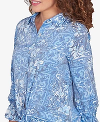 Ruby Rd. Petite Silky Floral Tile Button Tie Front Top
