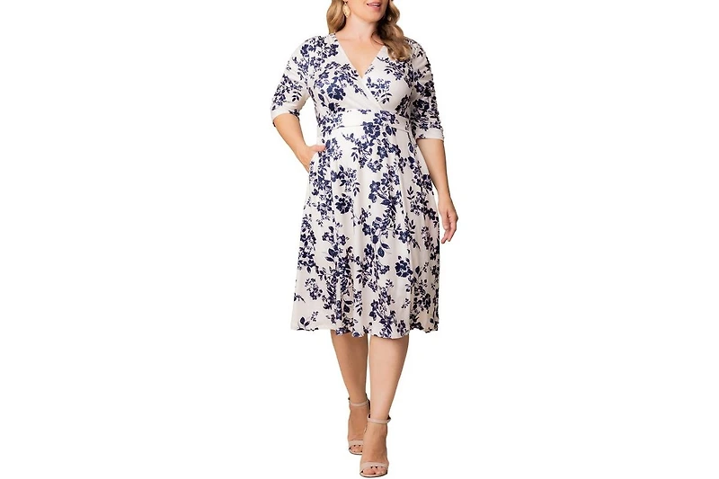 Kiyonna Plus Gabriella Ruched Sleeve Midi Dress with Pockets