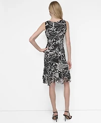 Dkny Women's Chiffon Printed Boat-Neck Ruffle-Hem Dress