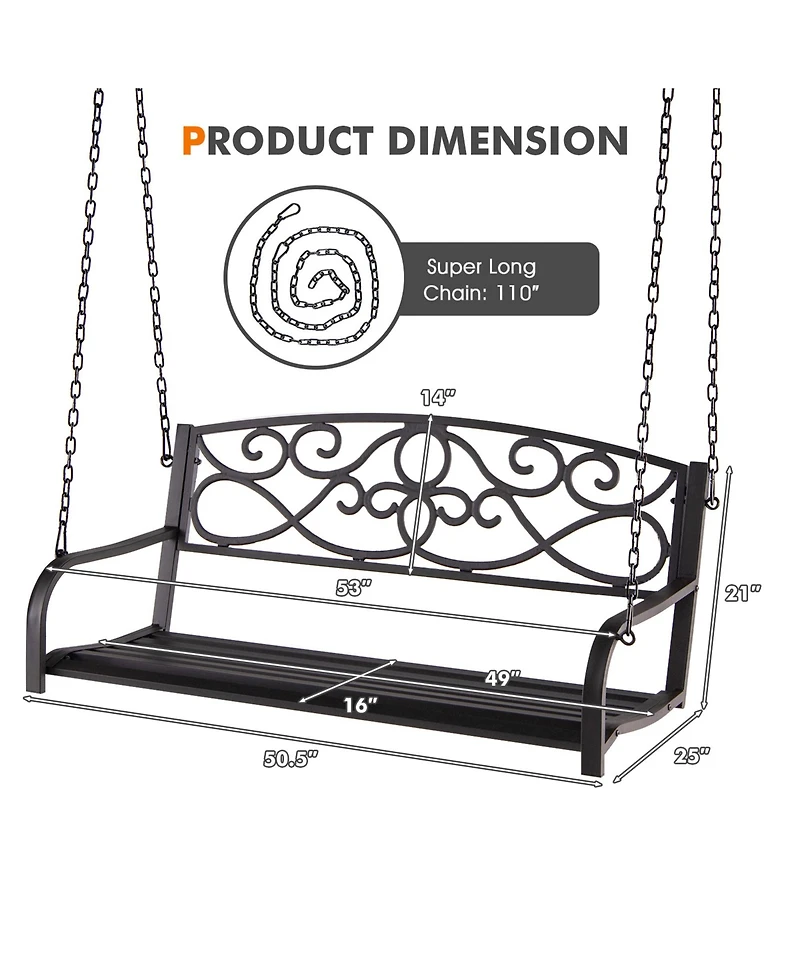 Gymax Patio Hanging Porch Swing Outdoor 2-Person Metal Swing Bench Chair w/ Chains