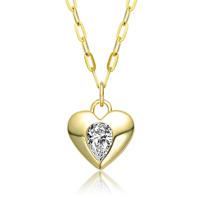 14K Gold Plated with Clear Cubic Zirconia Heart Pendant Necklace