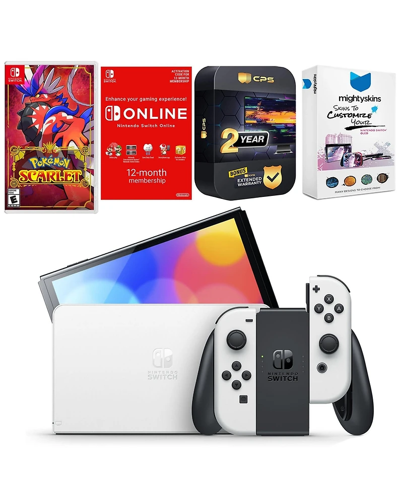 Nintendo Switch White Oled Console with Pokemon Scarlet, Nso 12 Month Family Membership, MightySkins Console and Controller Skin Voucher, and 2 Year C