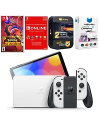 Nintendo Switch White Oled Console with Pokemon Scarlet, Nso 12 Month Family Membership, MightySkins Console and Controller Skin Voucher, and 2 Year C