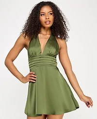 Seni & Cade Juniors' Plunge-Neck Satin A-Line Dress