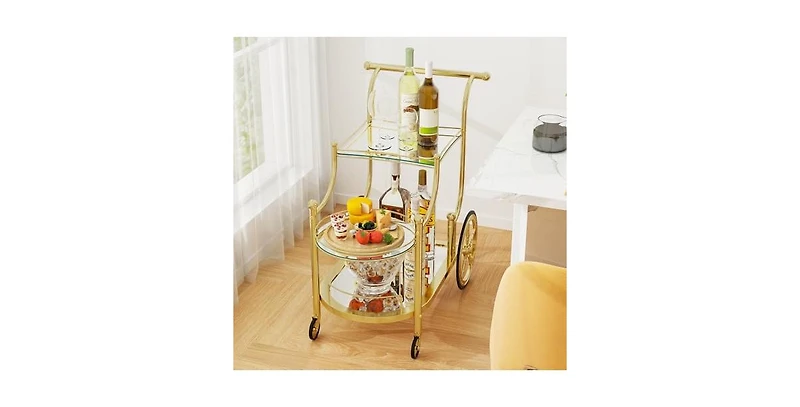 3-Tier Home Bar Serving Cart on Wheels with Mirrored Shelves