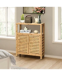 Bamboo Floor Cabinet, Bathroom Storage Cabinet with Double Slatted Doors, Open Shelf, Removable Shelf, Storage Organizer for Bathroom Doorway Living R