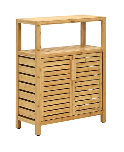 Bamboo Floor Cabinet, Bathroom Storage Cabinet with Double Slatted Doors, Open Shelf, Removable Shelf, Storage Organizer for Bathroom Doorway Living R