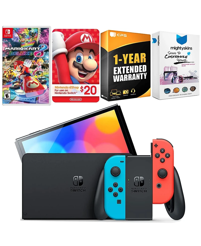 Nintendo Switch Neon Red & Blue Oled Console with Mario Kart 8 Deluxe, Nintendo $20 eShop Gift Card